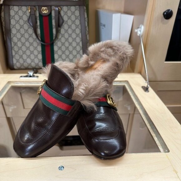 Gucci Brown Web Accent Leather Mules Size 9 - Picture 1 of 7
